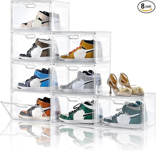 Amllas 8 Pack Shoe Boxes Clear Plastic Stackable, Large Shoe Storage Organizer with Lids,Drop Side Shoe Containers for Entryway,Sneaker Storage Fit up to US Size 13 (13’’x 10.6”x 8.3”) by Amllas