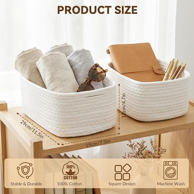 10 Pack Small Woven Baskets for Organizing, 12"x8"x5" White Cotton Rope Storage Bins with Handle, Empty Gift Basket Kit for Baby Shower, Nursery, Shelf, Bathroom & Closet Organizing - Image 3
