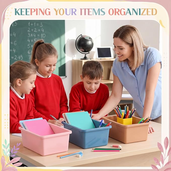 Thyle 6 Pieces Plastic Cubby Bins with Labels Classroom Book Bins Stackable Storage Container Durable Toy Storage Organizer Baskets for School Classroom Office (Classic,Morandi Color1) - Image 7