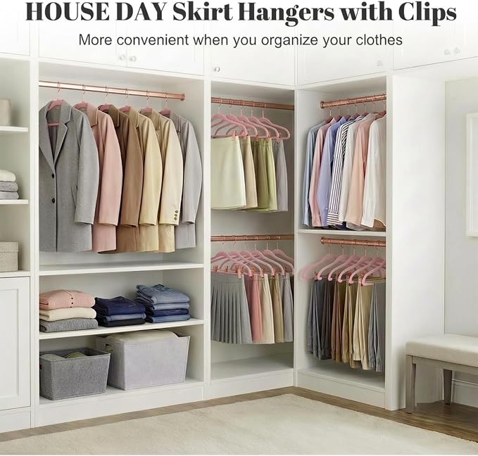 HOUSE DAY Pants Hangers with Clips 24 Pack, with Rose Gold Hook and Clips | Non Slip Velvet Flocked, Swivel Hook, Space Saving, Rubber Padded Clips, For Pants, Skirt, Shorts, Coat, Outfit - Pink - Image 8