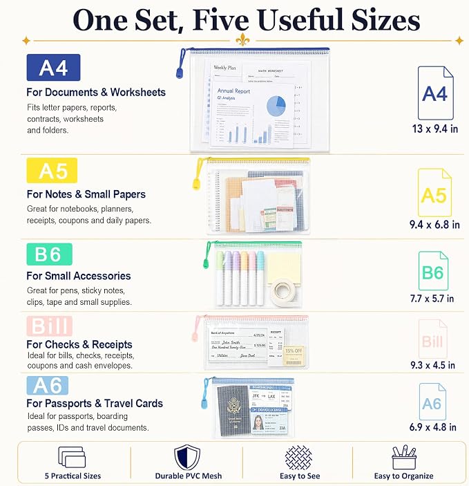 18-Pack Mesh Zipper Pouch Set with 1 Organizer Bag, 19pcs | A4 A5 A6 Bill B6 Translucent PVC Pouches for Multi-Size Categorized Storage Receipts Cards Projects Office and Travel - Image 4