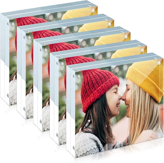 ILYXY 5 Pack Acrylic Frame 4x4, 20% Thicker, 20mm Thick Frameless Clear Picture Frame, Double Sided Magnetic Photo Frame, Free Standing Desktop Display Stand Acrylic Picture Frames by ILYXY