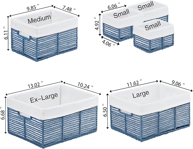 Wicker Storage Basket, 6 Pack Baskets for Organizing, Wicker Baskets with Handle, Rectangular Woven Basket for Storage Shelves, Cube Storage Bins for Closet/Clothes/Dresser, Blue - Image 2
