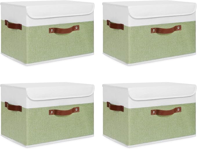 ANMINY Fabric Storage Box Bins with Lids, Green White, 15"x10"x10", 4 Pack | Keepsake Memory Storage, Cotton Linen, PP Board Reinforced, Washable, PU Handles, Foldable & Stackable, Decorative, Large by ANMINY