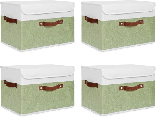 ANMINY Fabric Storage Box Bins with Lids, Green White, 15"x10"x10", 4 Pack | Keepsake Memory Storage, Cotton Linen, PP Board Reinforced, Washable, PU Handles, Foldable & Stackable, Decorative, Large by ANMINY