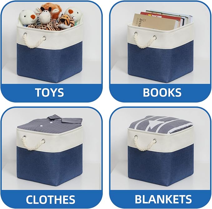 Temary Fabric Storage Cubes 11x11 Cube Storage Bins 4Pack Blue Basket for Organizing Home, Closet, Empty Gift Baskets with Handles (White&Blue) - Image 5