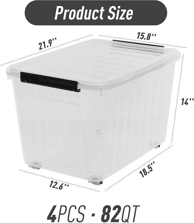 Citylife 82 Quart Large Clear Plastic Storage Bins with Lids 4-Pack | Stackable, Secure latching lids, Easy Find, Clothes Storage Bins for Closet Bedroom Garage - Image 9