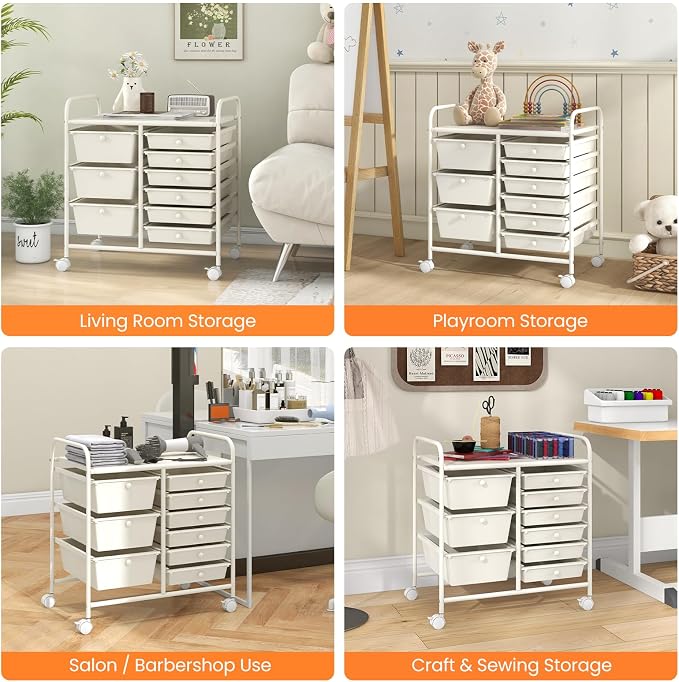 COSTWAY Rolling Storage Cart with 9 Drawer, Utility Cart with Metal Frame | Mobile Art Supply Craft Organizer, Multipurpose Storage Organizer for Paper, Office, School Teacher, Classroom, White - Image 8