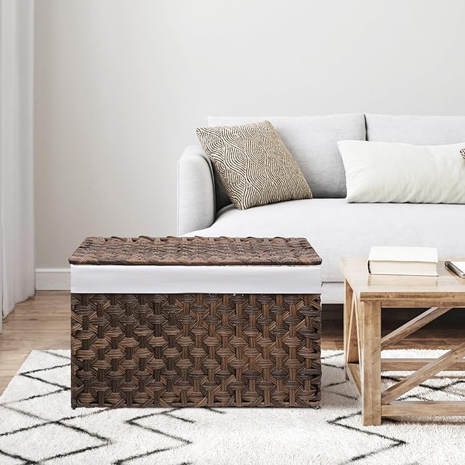 Wicker Storage Basket with Lid, 52.8 Gallon (200L) Large Blanket Basket with Lid, Woven Storage Bin with Handles, Removable Liner, Metal Frame, Foldable, for Bedroom, Laundry Room, Brown - Image 6