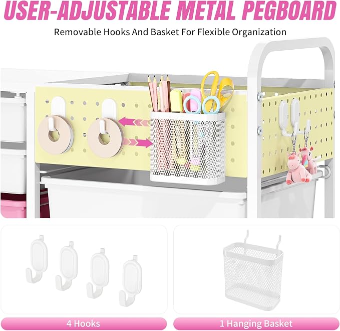 14 Drawer Rolling Storage Cart with Tabletop and Pegboard for Crafts Pink | Easy Setup, Large Capacity, Sturdy Build, Smooth Mobility, For classroom, office and dorm supplies - Image 6