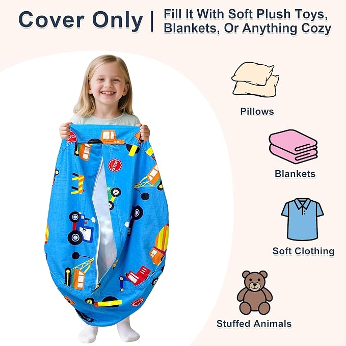 Lukeight Construction Animal Storage Bean Bag Chair Cover for Kids, Velvet Plush Toy Organizer Seat, Cover Only, No Filling Included, Long YKK Zipper, Side Pocket, Large 27"D x 16"H - Image 2
