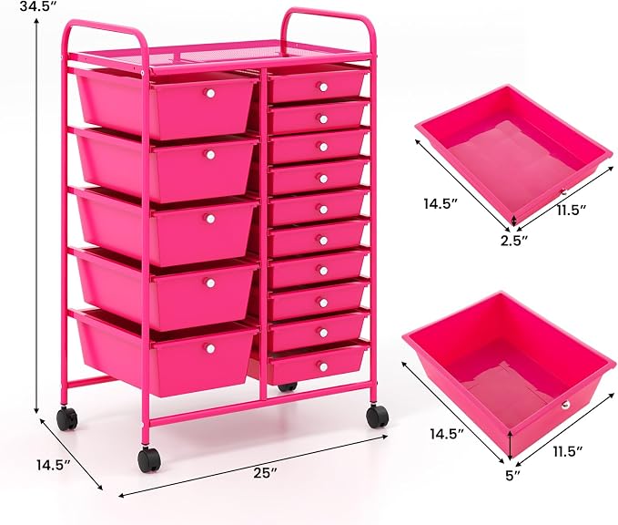 RELAX4LIFE 15-Drawer Storage Drawer Carts - Mobile Rolling Utility Cart w/Wheels, Craft Organizer for Classroom Organization and Storage, School, Office, Home, Storage Organizer Cart - Image 3