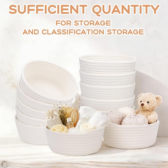 12 Pack Small Woven Storage Baskets with Gift Bag and Ribbon for Organizing Woven Natural Cotton Rope Bins Round Boho Empty Decorative Gift Chest Basket Box for Bathroom, Closet, Shelf Organizer (12) - Image 4