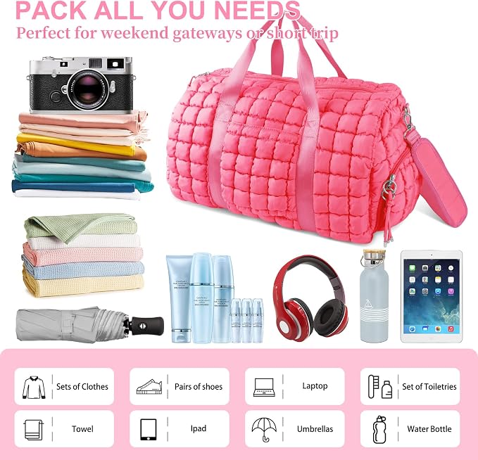 Quilted Travel Duffle Bag Gym Bag for Women,Large Puffer Duffle Weekender Bag with Compartment,Workout Overnight Carry on Organizer Bag Duffle Bag for Airplane Travel(L-Pink) - Image 3
