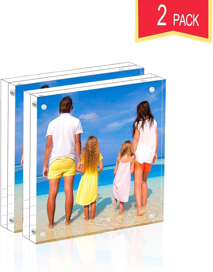 Meetu Acrylic 5x5 Picture Frame 2 Pack Clear Two Sided Desk Photo Frame Magnetic Frame Inner Size 4x4 with Gift Pack for Display Family Pictures Baby Photos Friends Pictures Pet Dog Picture - Image 4
