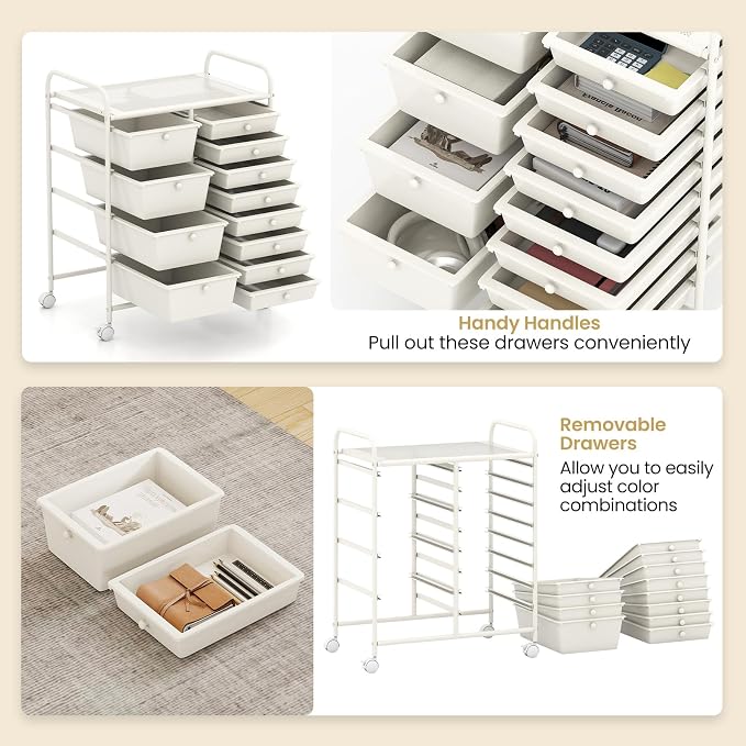 12 Drawer Rolling Storage Cart, Rolling Cart with Drawers for Classroom, Art Supply Craft Organizer on Wheel with Metal Frame & Handles for Home Office School (White, 12 Drawer Left-Right) - Image 4