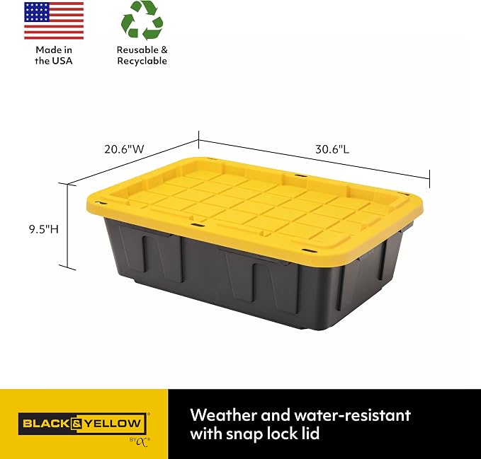 CX Heavy Duty 15-Gallon Stackable Plastic Storage Bins with Lids, 5 Pack | Storage totes for garage organization, Stackable containers, weather-resistant, snap lid, 9.5H x 20.6W x 30.6D, Black/Yellow - Image 2