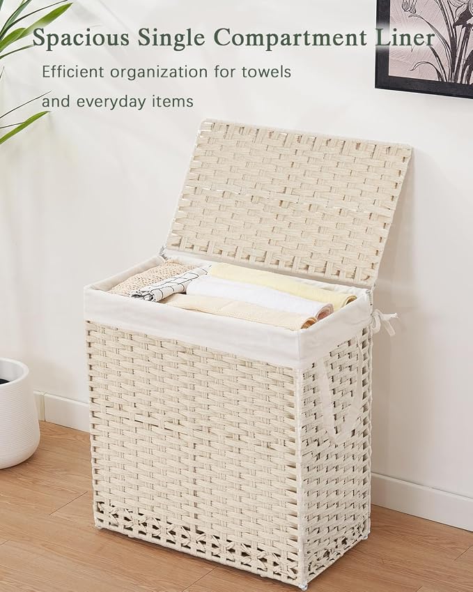 SETVSON Laundry Hamper with Lid PE Rattan Laundry Basket, Light Khaki | Decorative Furniture Look for Bathroom & Bedroom, 2-Section Large Wicker Hamper, 2 Cloth Bags, 6 Mesh Bags Included - Image 4