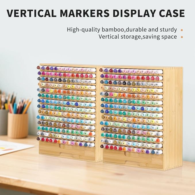 AUTOARK Natural Bamboo Marker Organizer with Drawer, AHK-065 | 182 Slots - Image 5
