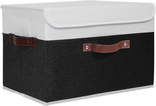 ANMINY Fabric Storage Box Bins with Lids, Black White, 15"x10"x10" | Keepsake Memory Storage, Cotton Linen, PP Board Reinforced, Washable, PU Handles, Foldable & Stackable, Decorative, Large by ANMINY