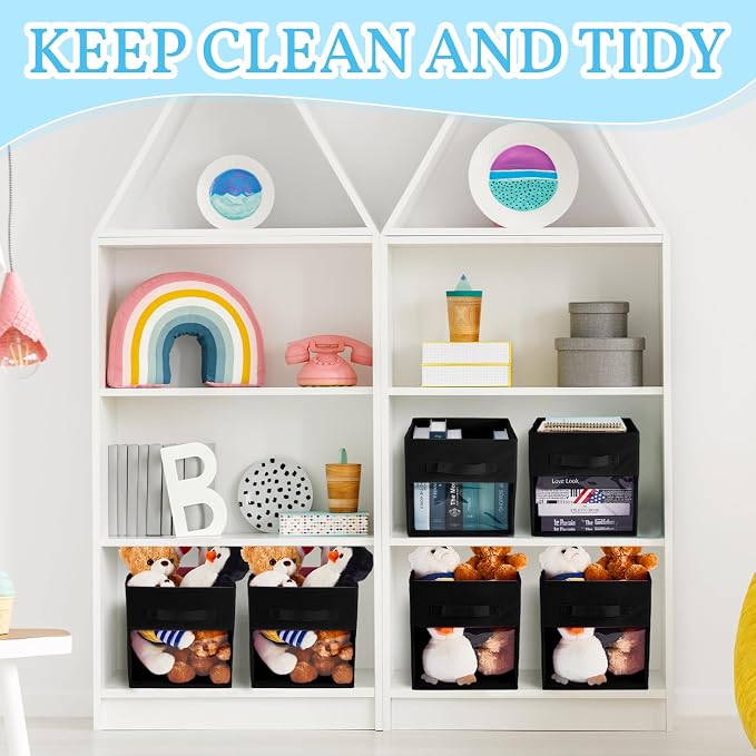 Marsui 12 Pcs Clear Cube Storage Bins Black Collapsible Kids Storage Bins Fabric Classroom Organizer with Window for Kid Playroom Room Daycare Nursery - Image 3