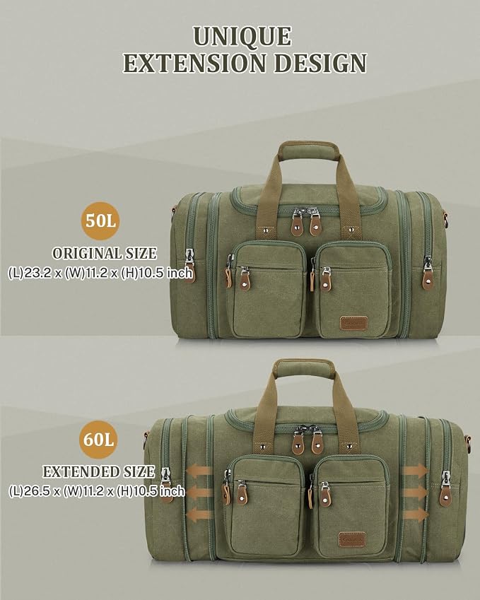 Gonex Duffle Bag for Travel, Expandable 60L Overnight Weekender Gym Bag | Water-Resistant Canvas, Wet-Dry Pocket, Luggage Sleeve, Carry-On Size, Detachable Strap, Coffee - Image 3