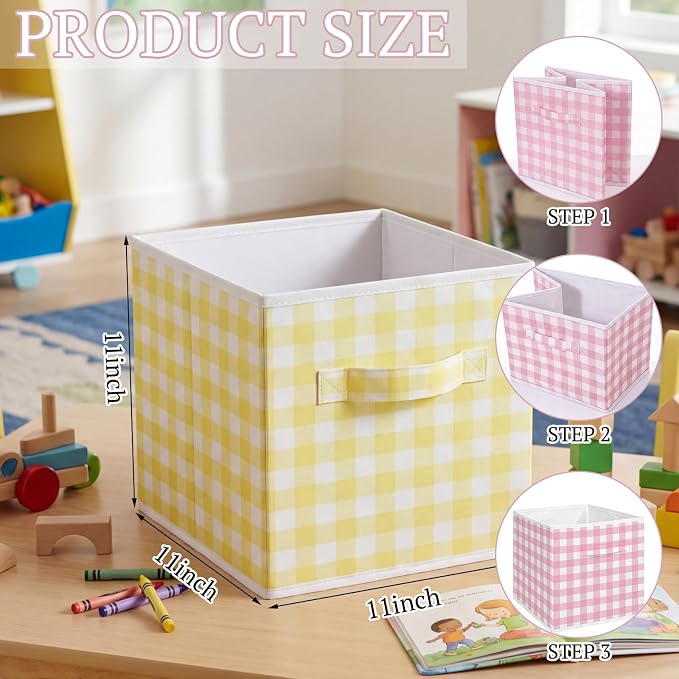 Yalikop 6 Pcs Colorful Gingham Cube Storage Bins, 11 Inch Fabric Checkered Classroom Storage Bins Organizer with Handle Preppy Collapsible Cubby Basket for Classroom Home Nursery Playroom Bedroom - Image 2