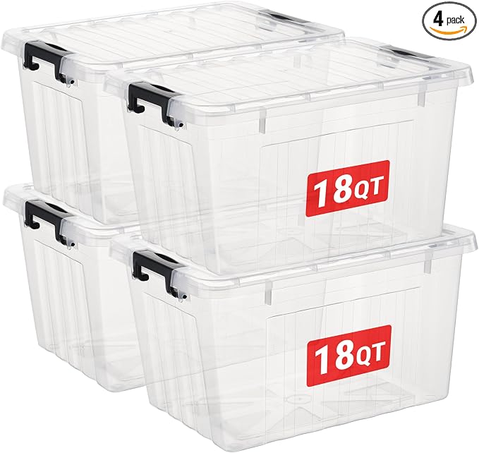 Cetomo Plastic Storage Bins, Lidded Storage Box with Strip for Home Office Dorm, Stackable, Clear, 18Quart-4 Pack by Cetomo