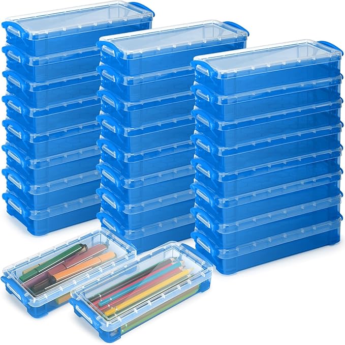 Gueevin 24 Pcs Large Capacity Plastic Pencil Box Clear Plastic Pencil Case Crayon Box with Snap Tight Lid Watercolor Pen Storage Brush Organizer Drawing Tools Container (Cute Blue) by Gueevin