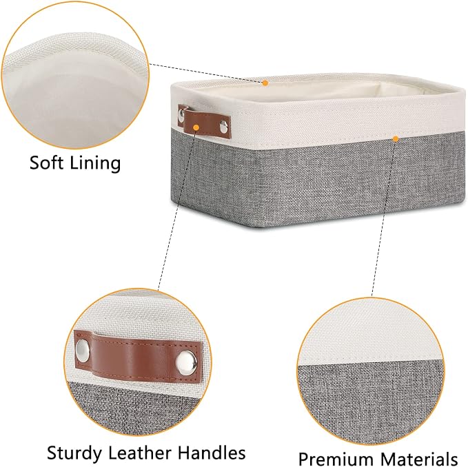 DULLEMELO Small Storage Baskets 6 Pack, Fabric Collapsible Gift Storage Baskets for Shelves, Closets, Nursery, Home, Office Organizing,Small Canvas Linen Rectangular Storage Bins (6-Pack, White&Grey) - Image 6