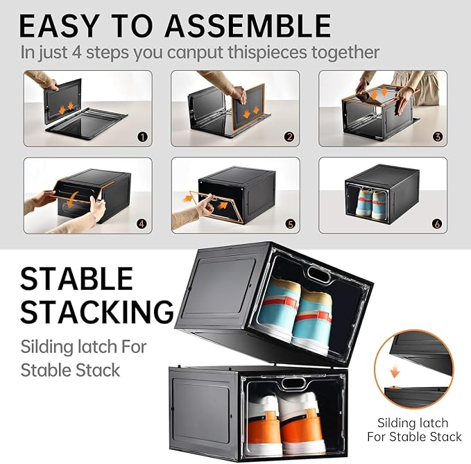 INSTY 12 Pack Large Shoe Storage Box, Clear Shoe Storage Organizer with Magnetic Door, Stackable,Shoe Containers For Display Sneakers, Easy Assembly, Fit up to US Size 12, Black - Image 6