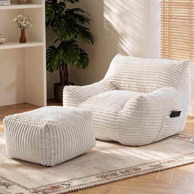 Oversized Bean Bag Chair with Ottoman, Bean Bag Couch with 2 Side Pockets, Corduroy Boneless Couch Chair in a Box, Comfy Lounge Chair for Living Room, Bedroom, Dorm, White by Nivayor
