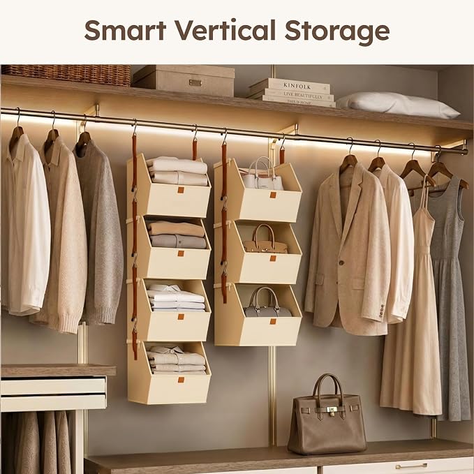 Collapsible Hanging Closet Organizer - 6 Tier Closet Shelves Storage System with Hooks, Fabric Hanging Storage Bins for Clothes, Foldable Storage Basket for Laundry, Bedroom, Rv, Beige - Image 4