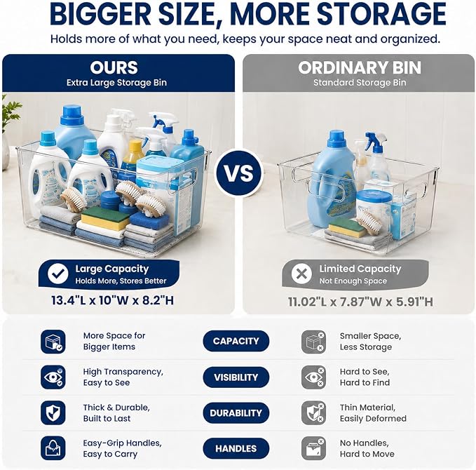 MOONEDGE 8 Pack XL Clear Storage Containers 13x10x8in Plastic Organizers | Clear Bins for Organizing, Organizer Bins with Handles, Garage, Pet Supplies, Linen Storage, Utility Shelf, Cleaning Supplies - Image 5