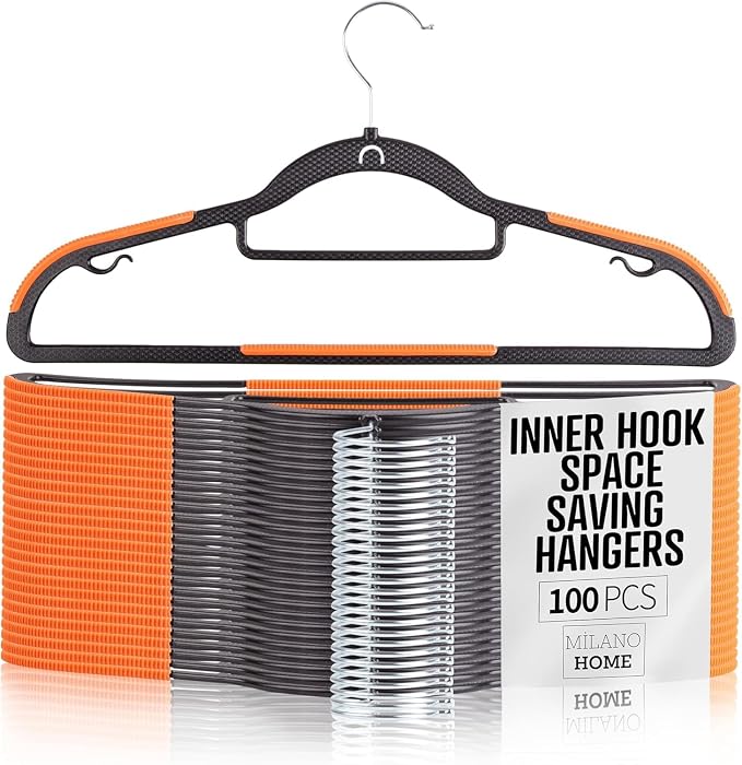 Plastic Hangers 100 Pack, Cascading Slim Space Saving Clothing Hangers with 360° Rotating Hook, Non Slip Clothes Hangers for Sweater Shirt, Heavy Duty Coat Hanger with Inner Hook for Closet, Black by milanohome