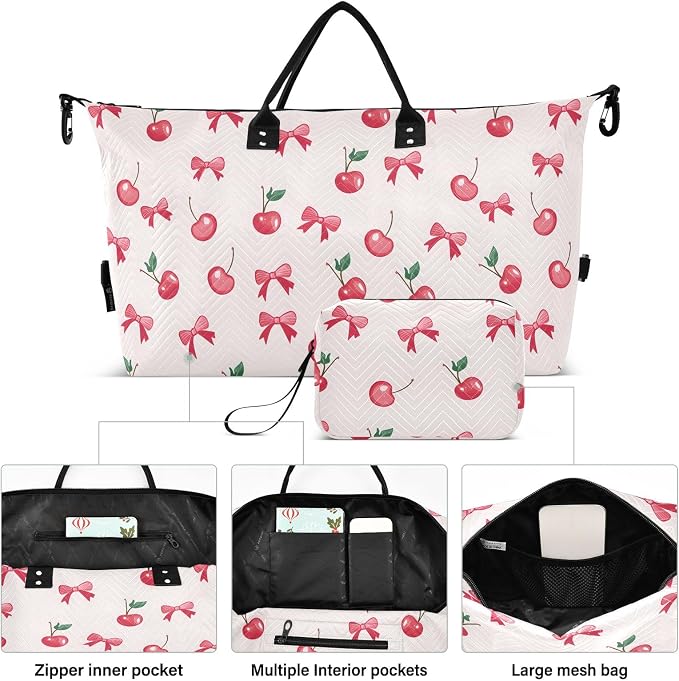 Large Travel Duffel Bag Sports Tote Gym Bag Overnight Weekender Bags Cherry Bow Carry On Luggage with Toiletry Bags - Image 2