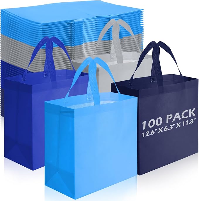 Reginary 100 PCS Non Woven Tote Bags Bulk,Blue & Gray | Reusable Shopping Bags with Handles, Stores, Groceries Markets, Events Gift, Party Supplies by Reginary