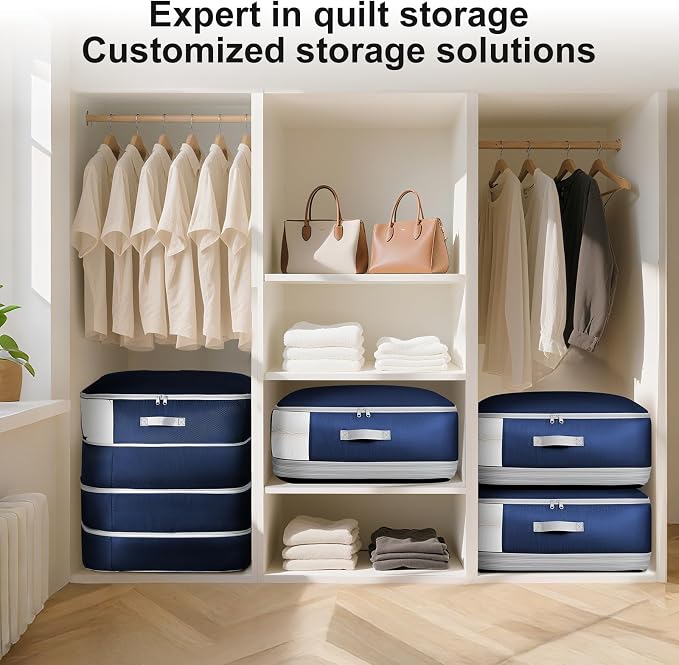 Comforter Storage Bag - Large Capacity Blanket Storage Bags 4-Layer Ultra Space Saving Self Compression Organizer, Washable Compression Bags for Storage Comforter Blanket, 4-Pack, Navy Blue - Image 6