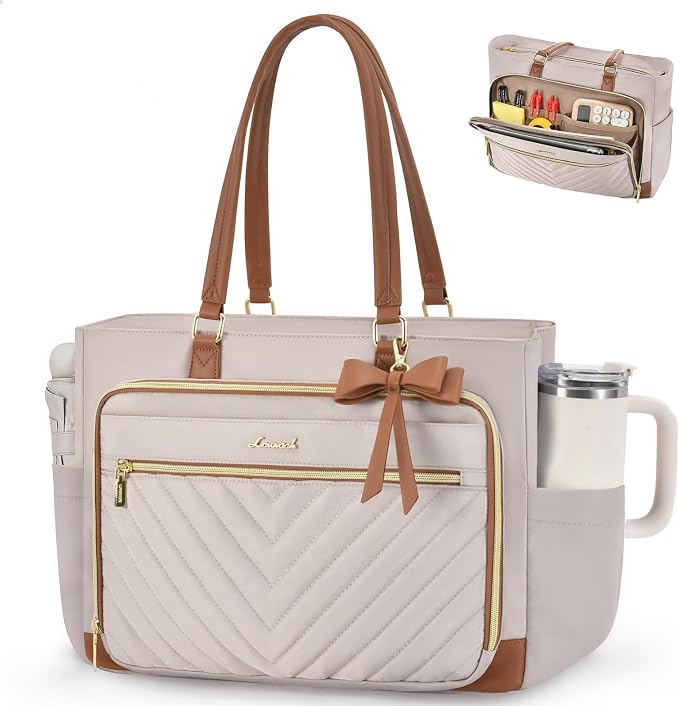 LOVEVOOK Laptop Teacher Tote Bag for Women, Work Nurse Bag with Large Cup Holder, Quilted Diaper Bag for Travel, Computer Women's handbags for Teacher gift, Apricot-brown, 15.6 Inch by LOVEVOOK