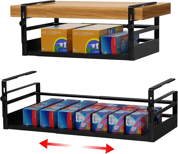 AmonHouseware 2Pack Expandable Under Shelf Storage Basket Organizer,Black | Adjustable Hanging,Length Stretchable13-21Inch,Under Cabinet Shelf for Laundry Room Kitchen Pantry Desk Counter Cupboard by AmonHouseware