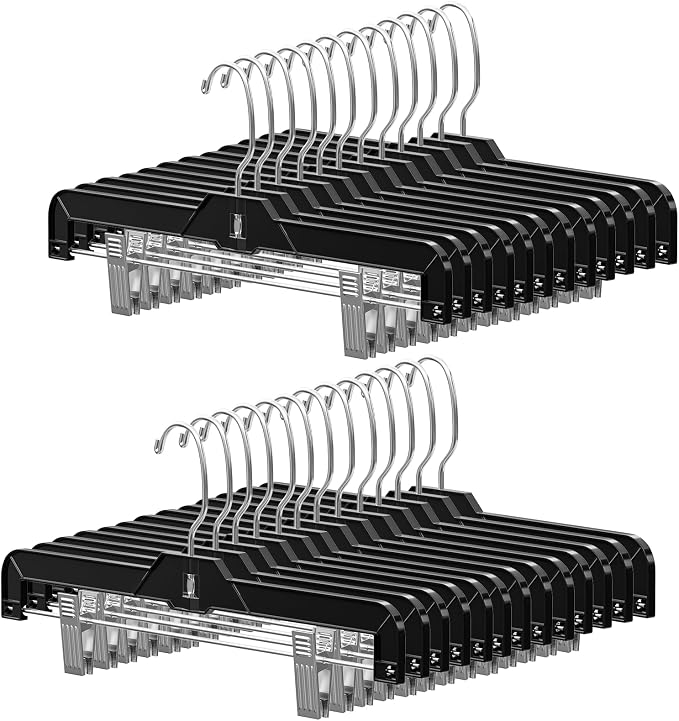14" Black Pants Hangers with Clips 25 Pack, Plastic Skirts Hangers | Slim Space Saving, Adjustable Clips Hangers with 360° Swivel Hook & Non-Slip Pad for Adults and Kids, Pants, Shirt, Jeans by UEAKPIC
