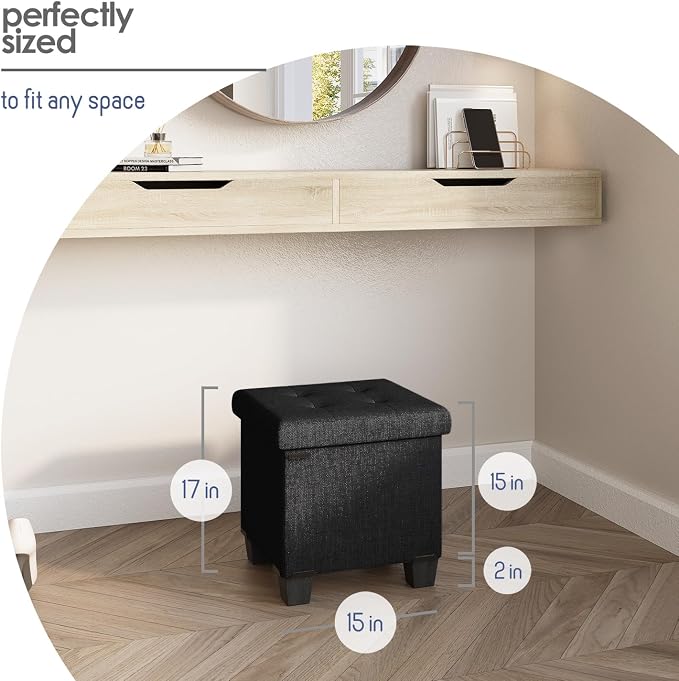 Storage Ottoman Cube with Small Bin, 15-in Square Ottoman with Storage for Living Room and Bedroom, Small Ottomans Foot Rest, Fabric Foot Stools Ottomans Max 330lbs, Black - Image 9