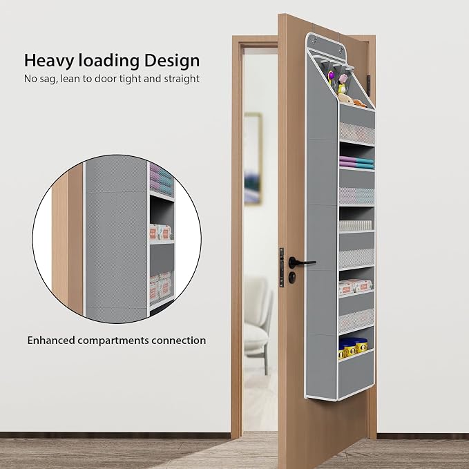 Univivi Fabric Over Door Hanging Organizer for Baby Nursery, Grey, 6-Shelf | Door Storage with Large Capacity Breathable Mesh Pockets, Over the Door Organizer for Baby Essential, Bedroom and Dorm - Image 2