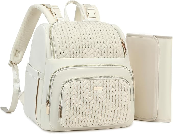 MAPLELILY Large Diaper Bag Backpack, Stylish Baby Travel Diaper Bag, Beige | Lightweight maternity hospital backpack. With changing pad, stroller straps, insulated pocket. Mom, dad, toddler by MAPLELILY