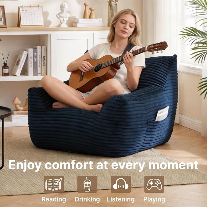 Bean Bag Chair for Adults & Kids, Giant Bean Bag Sofa with Side Pocket, Corduroy Beanbag Chair with Armrests, Comfy Stuffed Floor Sofa for Living Room Bedroom Dorm, Blue - Image 3