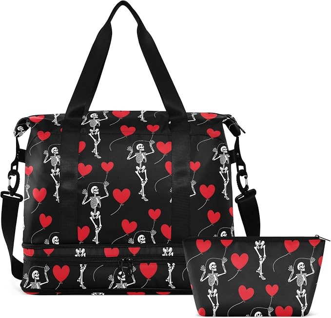 Travel Duffel Tote Bag Romantic Skull Gothic Sports Duffel Bag with Wet Pocket Weekender Overnight Bag for Women Men Gym Bag, Carry On Bag Hospital Bag for Labor and Delivery by MNSRUU