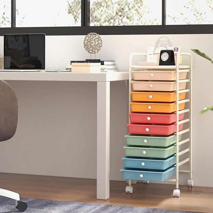 GOFLAME 10-Drawer Rolling Storage Drawer Cart, Utility Cart with Removable Drawers & Metal Frame, Mobile Art Craft Drawer Cart with Lockable Wheels for Home, Office, Studio, School, Macaron Color - Image 2