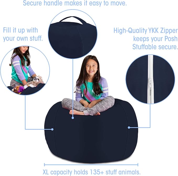 Posh Stuffable Kids Stuffed Animal Storage Bean Bag Chair Cover - Childrens Toy Organizer, X-Large 48" - Solid Navy Blue - Image 2