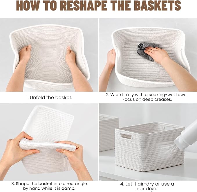 5 Pack Woven Storage Baskets, Decorative Storage Bins for Organizing | 13.8'' × 9.8'' × 7.9'', Soft Cotton Rope Basket Organizer for Closet, Shelves, bathroom, Nursery, Toys, Books, Pantry, White - Image 6