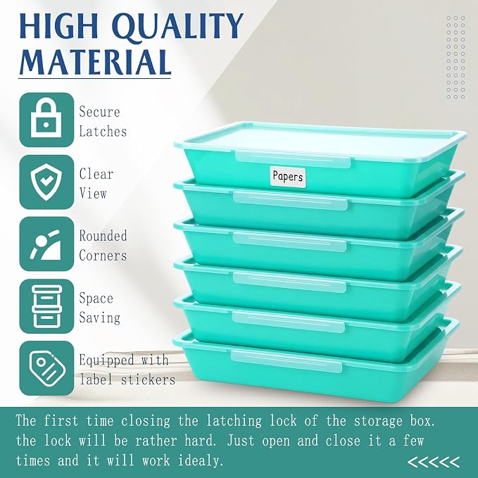 12 Pcs Classroom Paper Storage Bins with Clear Latching Lid, Label Stackable Letter Size Flat Tray Container for Teacher Back to School Supplies Home Office Desk Arts Crafts (Teal,13x10in) - Image 3